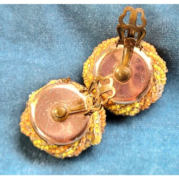 Vintage Glass Seed Beads Two Toned Golden Handmade Love Knot Clip-On Earrings - Picture 9 of 10